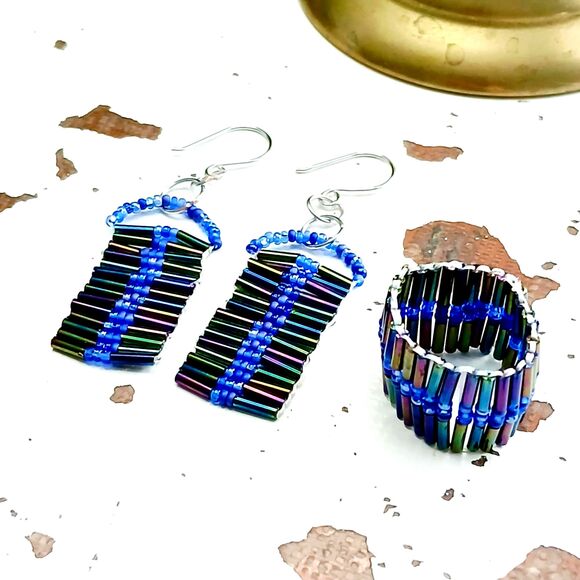 Beaded Ring & Earring Set, Rainbow Metallic Seed Bead Jewelry, 2 PC - Picture 1 of 8